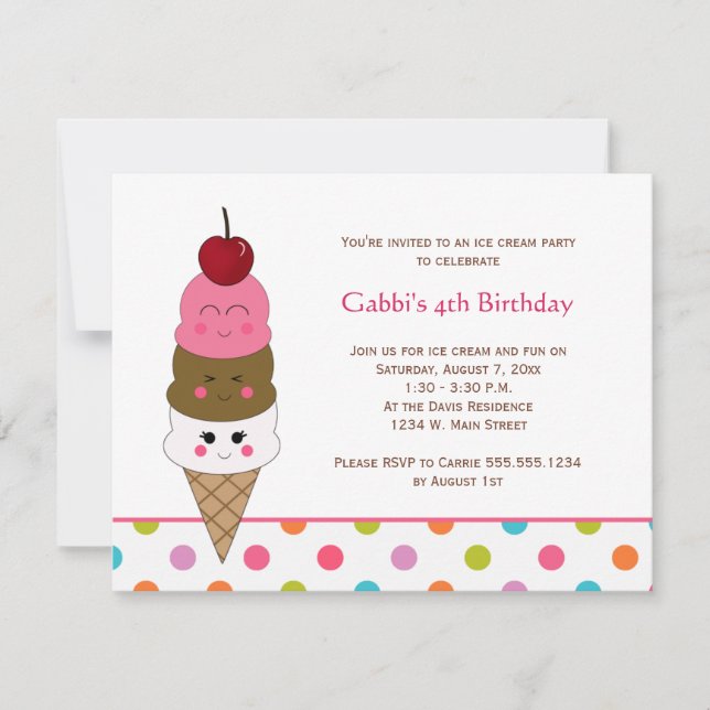 Invitation Cute Kids Kawaii Glace Cream Party (Devant)
