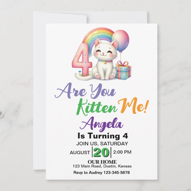 Invitation Cute Kitten 4e fête d'anniversaire (Devant)