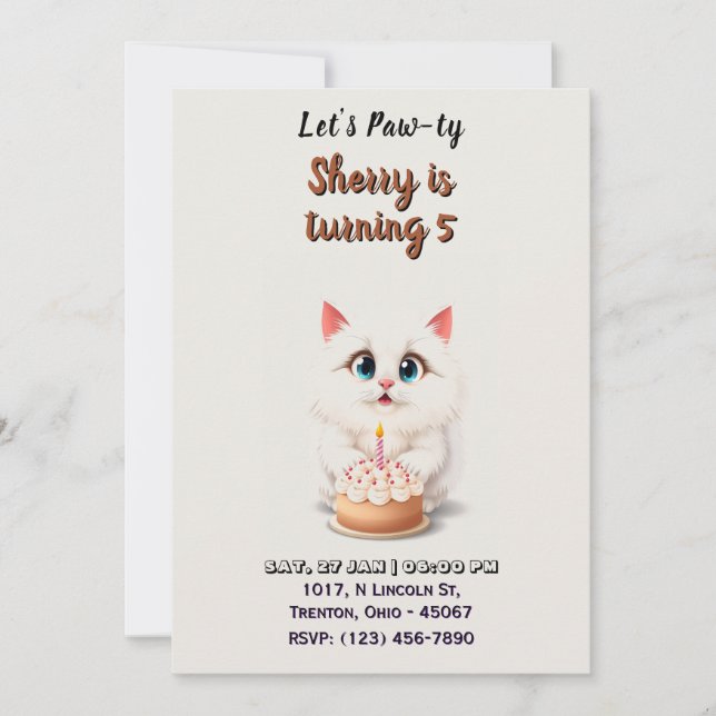 Invitation Cute Kitten blanc avec gâteau d'anniversaire Perso (Devant)