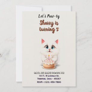 Invitation Cute Kitten blanc avec gâteau d'anniversaire Perso