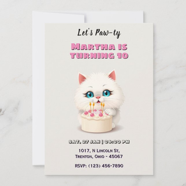 Invitation Cute Kitten blanc avec gâteau d'anniversaire Perso (Devant)