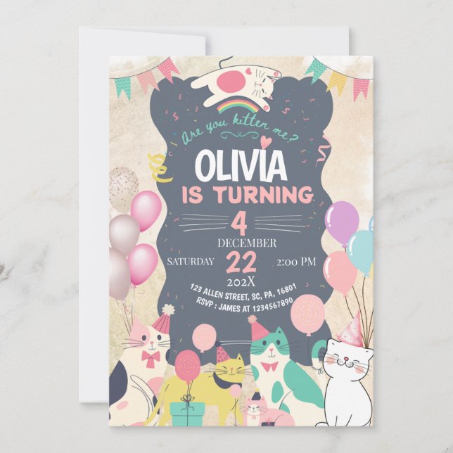 Invitation Cute Kitten / Chat Faisons Pawty Anniversaire (Devant)