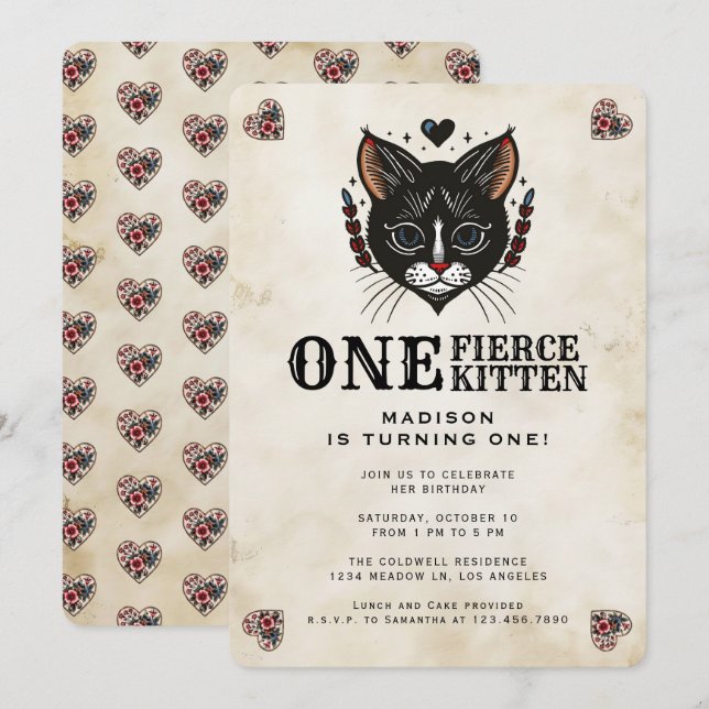 Invitation Cute Kitten Chat Rockabilly Tattoo 1er anniversair (Devant / Derrière)