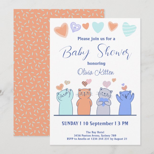Invitation Cute Kitten Kitty Chats Coeurs Baby shower (Devant / Derrière)