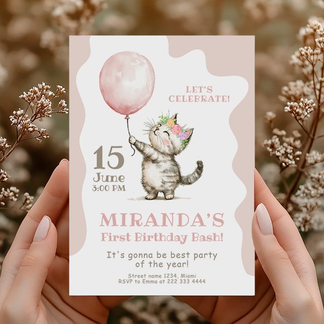 Invitation Cute Kitten Premier Anniversaire Bash. (Créateur téléchargé)