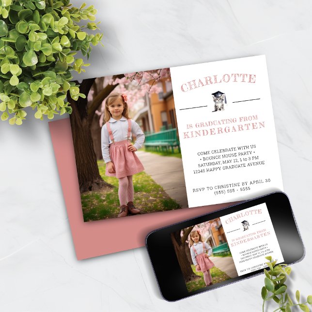 Invitation Cute Kitten Rose Kindergarten Graduation (Créateur téléchargé)