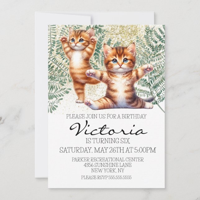Invitation Cute Kitten Yoga Green Fête d'anniversaire (Devant)
