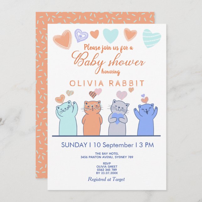 Invitation Cute Kittens Coeurs Baby shower bleu rose (Devant / Derrière)