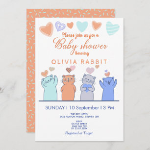 Invitation Cute Kittens Coeurs Baby shower bleu rose