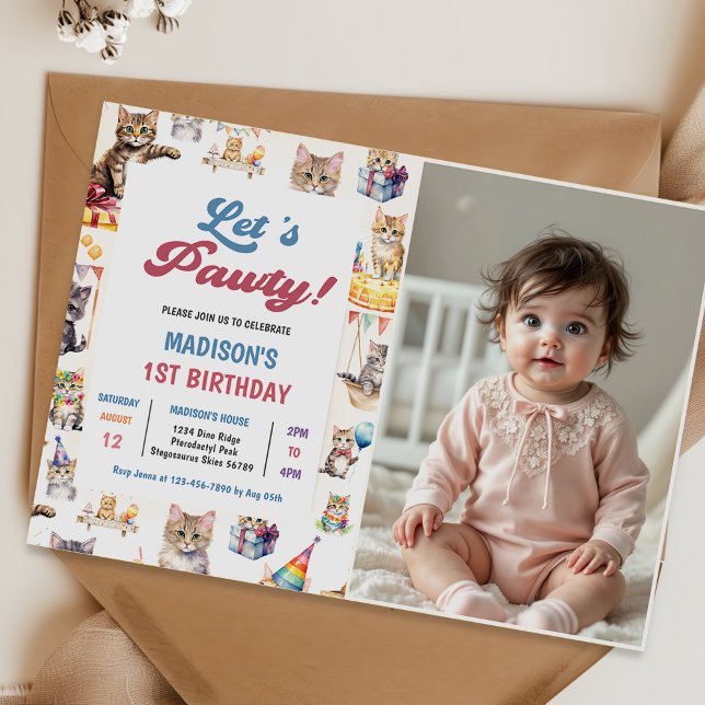 Invitation Cute Kitty Chat 1er Anniversaire Photo (Créateur téléchargé)