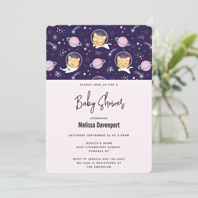 Invitation Cute Kitty Chat Astronauts Baby shower Motif (Debout devant)