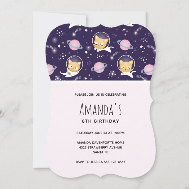 Invitation Cute Kitty Chat Astronauts Motif Anniversaire (Devant)