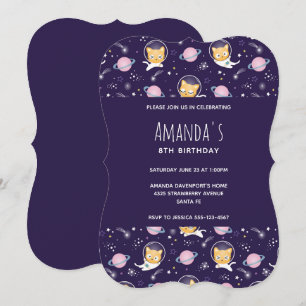 Invitation Cute Kitty Chat Astronauts Motif Anniversaire