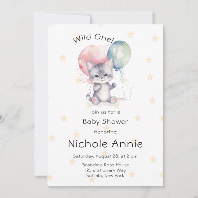 Invitation Cute Kitty Chat Balloons Wild Un 1er Anniversaire (Devant)