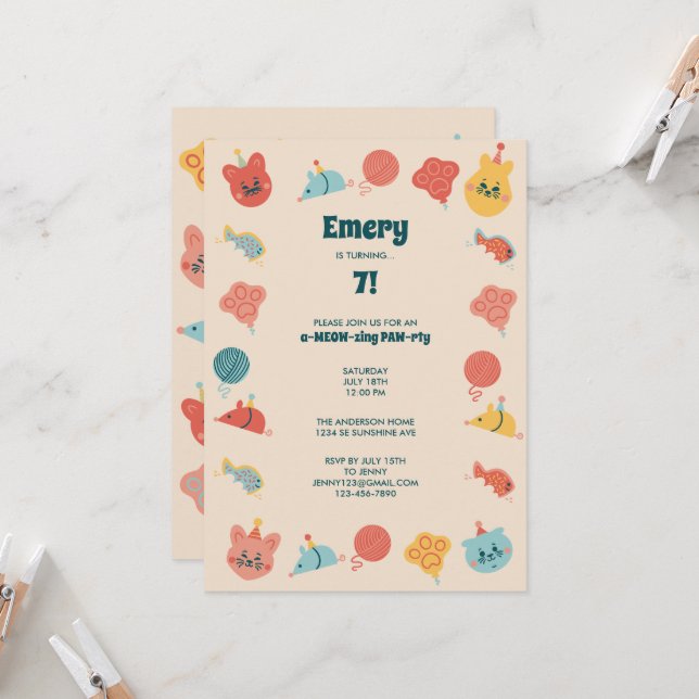 Invitation Cute Kitty Chat Fête d'anniversaire pour enfants (Devant/Arrière en situation)