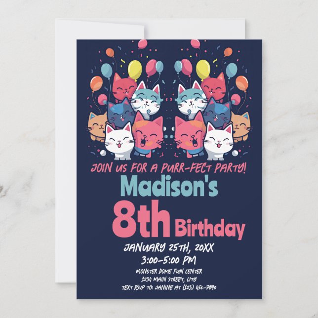 Invitation Cute Kitty Chat Purr-Fect Chats de fête Anniversai (Devant)