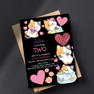 Invitation Cute kitty girls 2e anniversaire noir