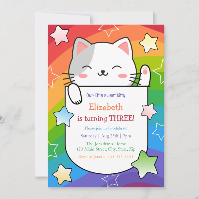 Invitation Cute Kitty Stars Colorful Wavy Stripes Birthday (Devant)