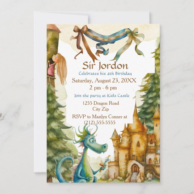 Invitation Cute Knight Dragon Castle Birthday Party Kids (Devant)