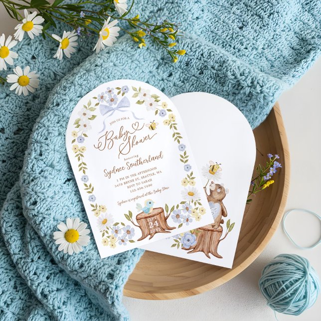 Invitation Cute Kntd Floral Bois Ours Bébé Garçon Douche (Cute Knitted Floral Woodland Bear Baby Boy Shower Invitation)