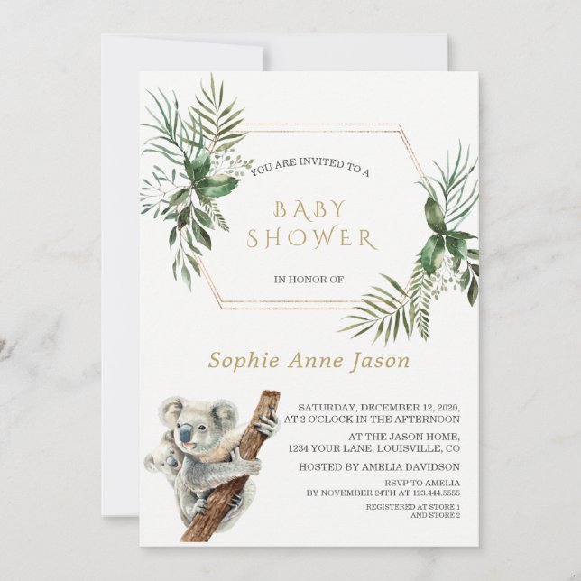 Invitation Cute Koala Aquarelle Verdure Baby shower Or (Devant)