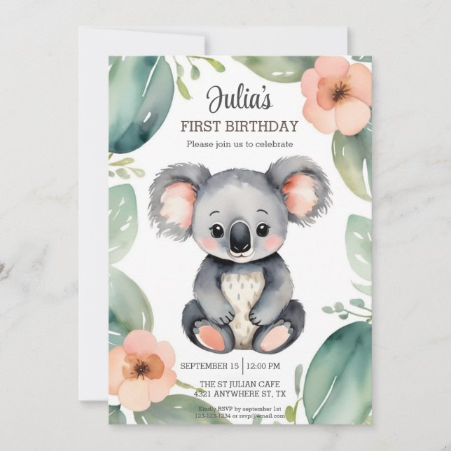 Invitation Cute Koala Baby Anniversaire (Devant)