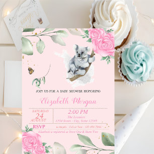 Invitation Cute Koala Bear, Feuilles, Baby shower Floral