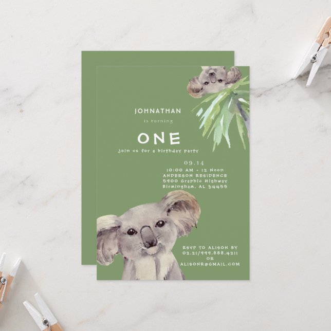 Invitation Cute Koala Bear Hang Out avec moi Anniversaire (Devant/Arrière en situation)