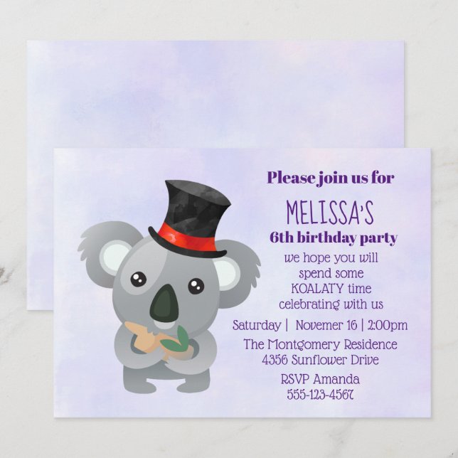 Invitation Cute Koala dans un chapeau noir fête d'anniversair (Devant / Derrière)