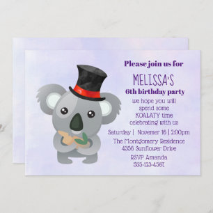 Invitation Cute Koala dans un chapeau noir fête d'anniversair