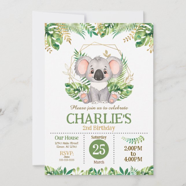Invitation Cute Koala Floral Sage Greenery 2nd Birthday (Devant)
