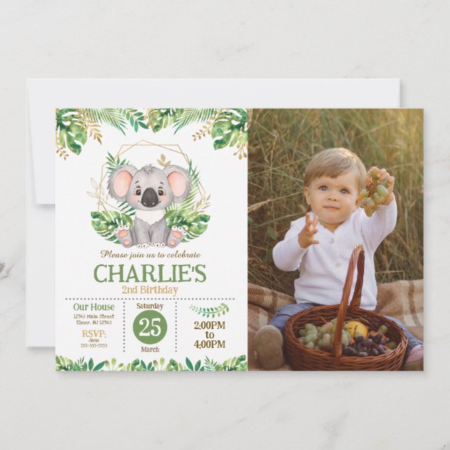 Invitation Cute Koala Floral Sage Greenery 2nd Birthday Photo (Devant)