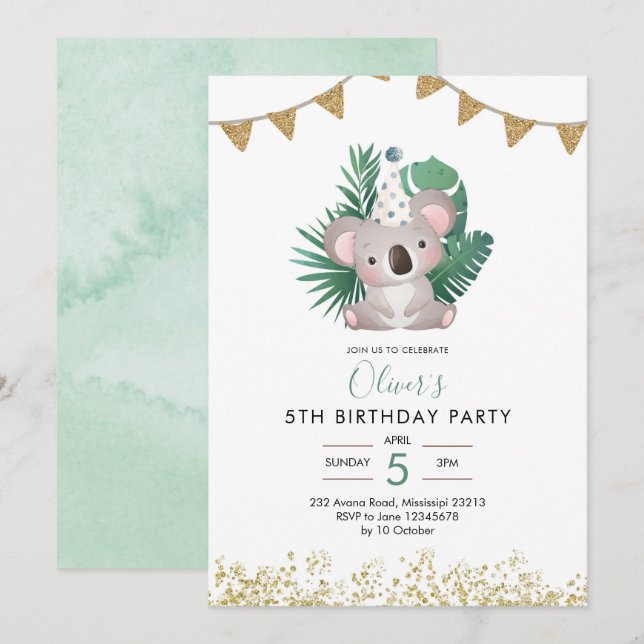 Invitation Cute Koala Green Anniversaire des enfants (Devant / Derrière)