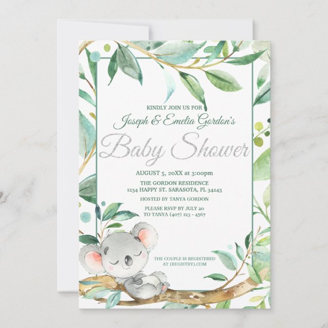 Invitation Cute Koala Green Baby shower neutre pour les femme (Devant)