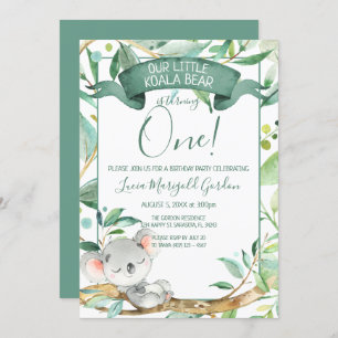 Invitation Cute Koala Green Grey Première fête d'anniversaire