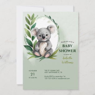 Invitation Cute Koala Ours Aquarelle Baby shower vert