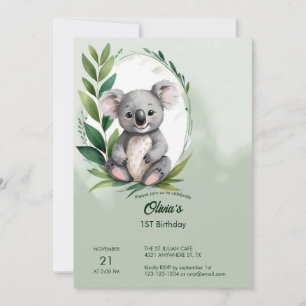 Invitation Cute Koala Ours Aquarelle Vert Anniversaire