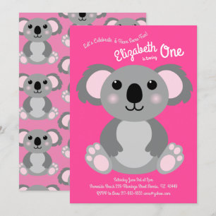 Invitation Cute Koala Ours Enfants 1er anniversaire fête rose