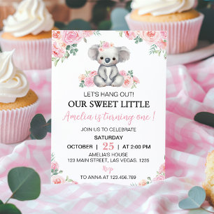 Invitation Cute Koala Rose Floral Girl Anniversaire
