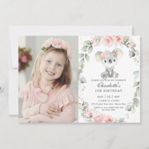 Invitation Cute Koala Rose Floral Vert Anniversaire Photo