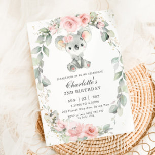 Invitation Cute Koala Rose Sage Floral Vert Anniversaire