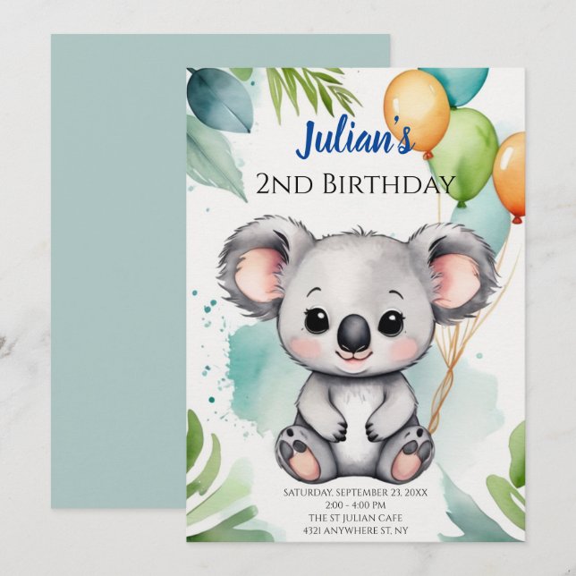Invitation Cute Koala Wonderland Fête d'anniversaire (Devant / Derrière)