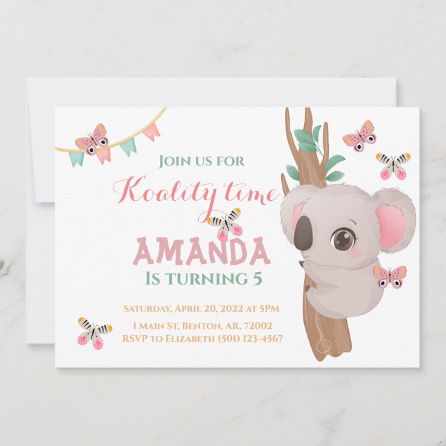 Invitation Cute koality time koala ours rose turquoise animal (Devant)