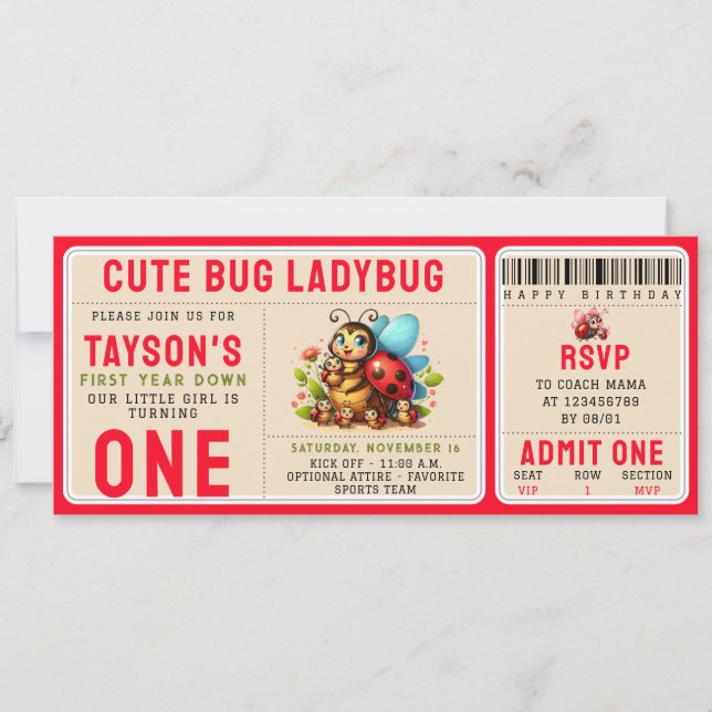 Invitation Cute Ladybug 1er anniversaire | Billet de thème de (Devant)