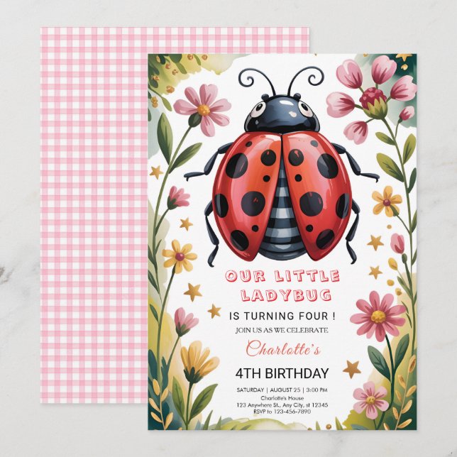 Invitation Cute Ladybug 4th Birthday Party (Devant / Derrière)