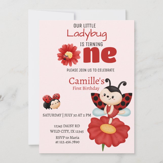 Invitation Cute ladybug floral premier anniversaire Invitatio (Devant)
