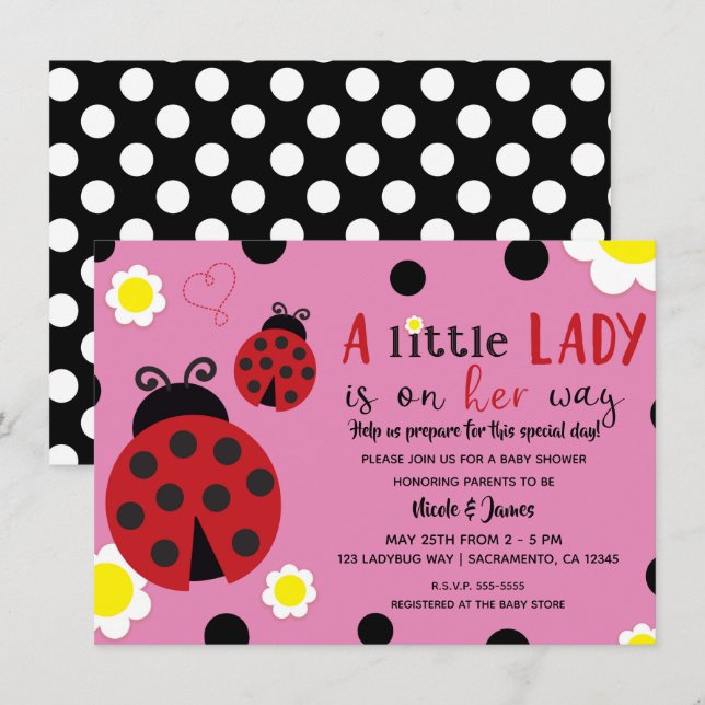 Invitation Cute Ladybug Flower Pink Girls Baby shower Invitat (Devant / Derrière)