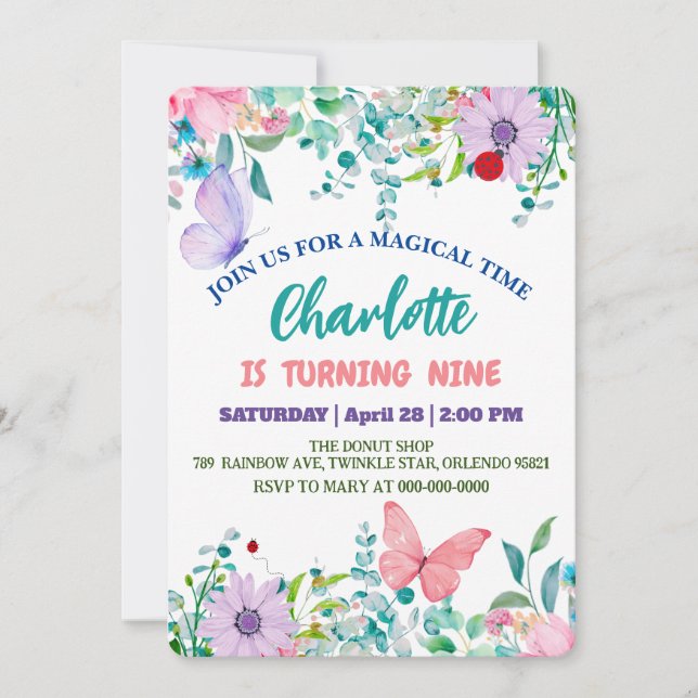 Invitation Cute Ladybug Polka point floral Fleur Nom d'annive (Devant)