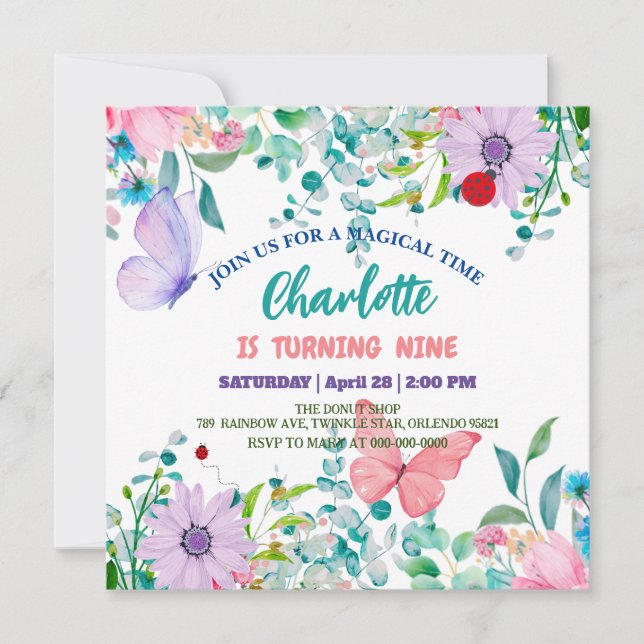 Invitation Cute Ladybug Polka point floral Fleur Nom d'annive (Devant)