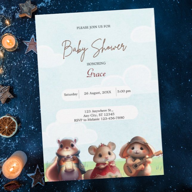 Invitation Cute lapin écureuil Souris Baby shower bleu (Créateur téléchargé)